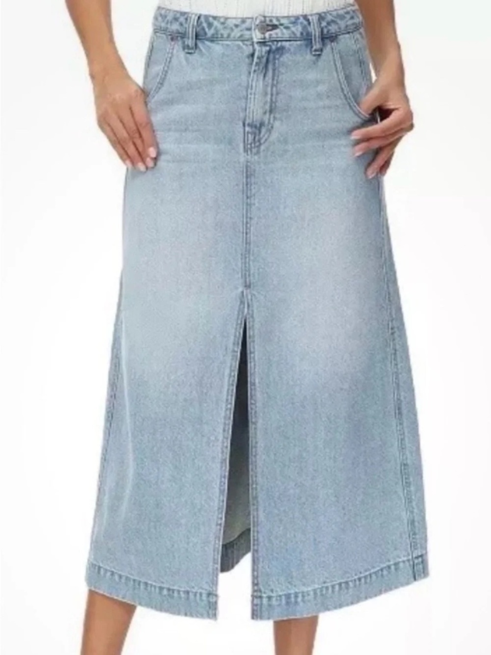 NWOT FRYE Front Slit Seamed Denim Midi Skirt Light Wash Size 27